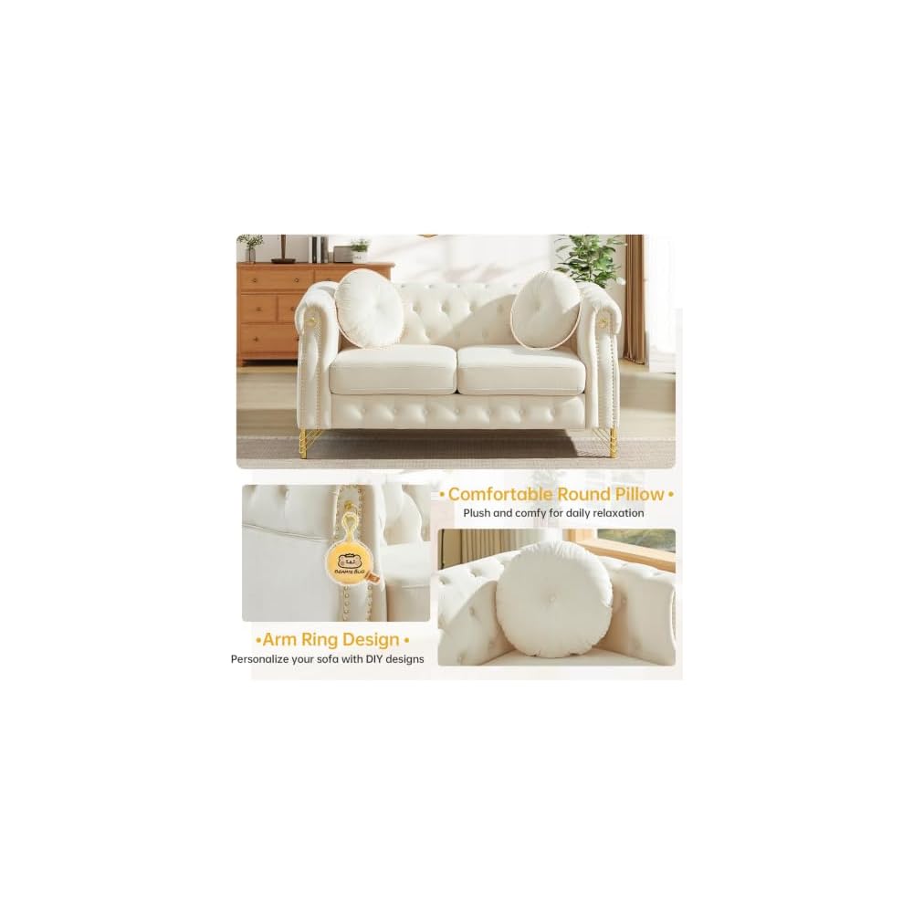 Chesterfield Sofa Velvet, Loveseat Mid Century Modern Button Tufted Couch with Nailhead Trim & Gold Legs, Deep Seat Comfy Couch with Pillows for Living Room, Bedroom, Office, Apartment(60.5''W,Beige)