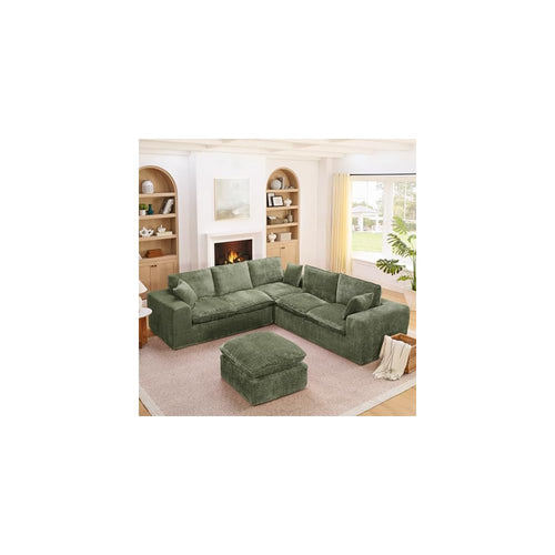107" L-Shaped Oversized Boucle Modular Sectional Sofa with 1 Ottomans and Pillows, 6-Seater Upholstered Boneless Comfy Cloud Couch, DIY Combination, No Assembly Required, for Living Room, Green