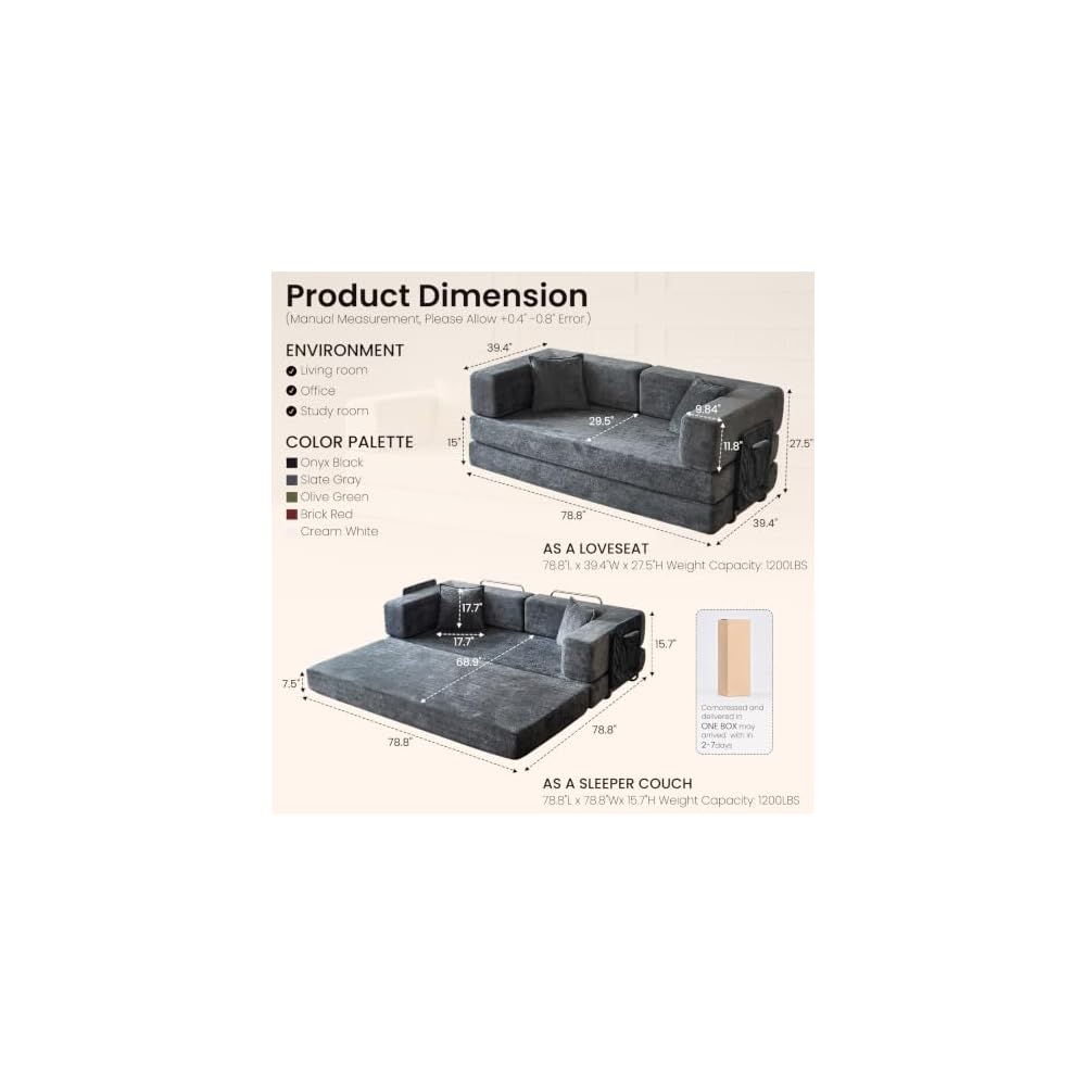 79" Convertible Sofa Bed, 5‑in‑1 Boneless Couch for Living Room