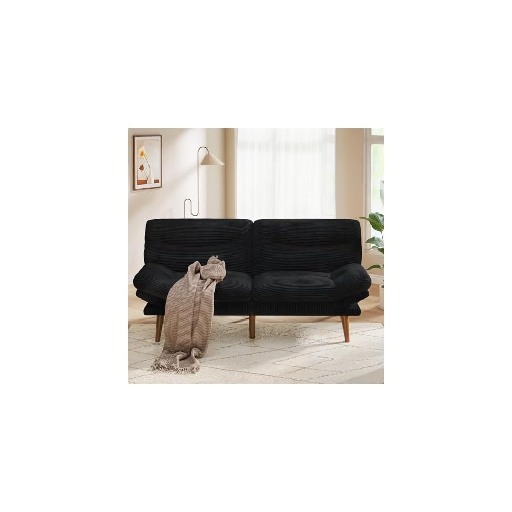 Futon Sofa Bed, Modern 66" Futon Couch Convertible to Bed & Lounger, Compact Size, Corduroy Loveseat, Durable Construction - Fits Small Spaces, Apartments,Study Room(Ink Black, 66 Inch)