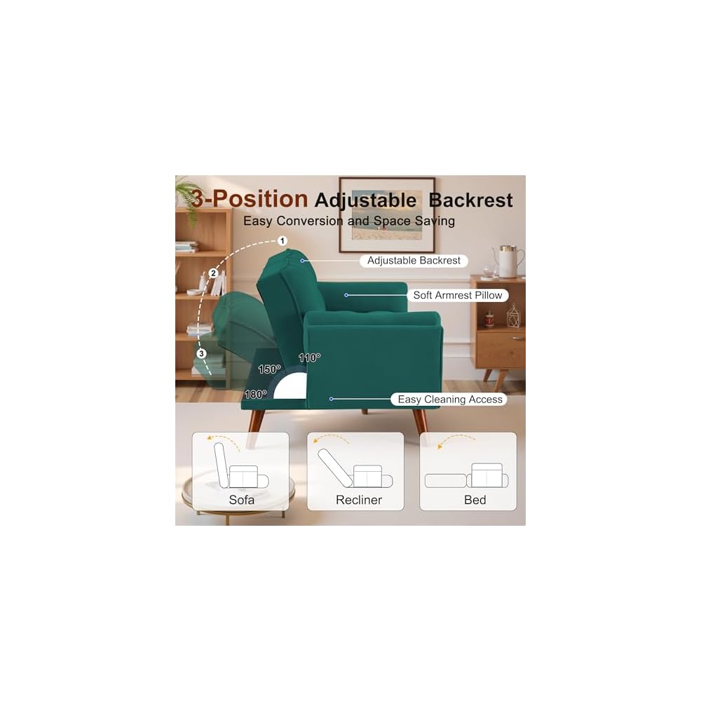 Convertible Futon Couch Bed, Sleeper Sofa Bed with Adjustable Backrests, Linen Futon Sofa 3 Seater Comfy Couch for Small Spaces, Living Room, Bedroom(Green, 75")