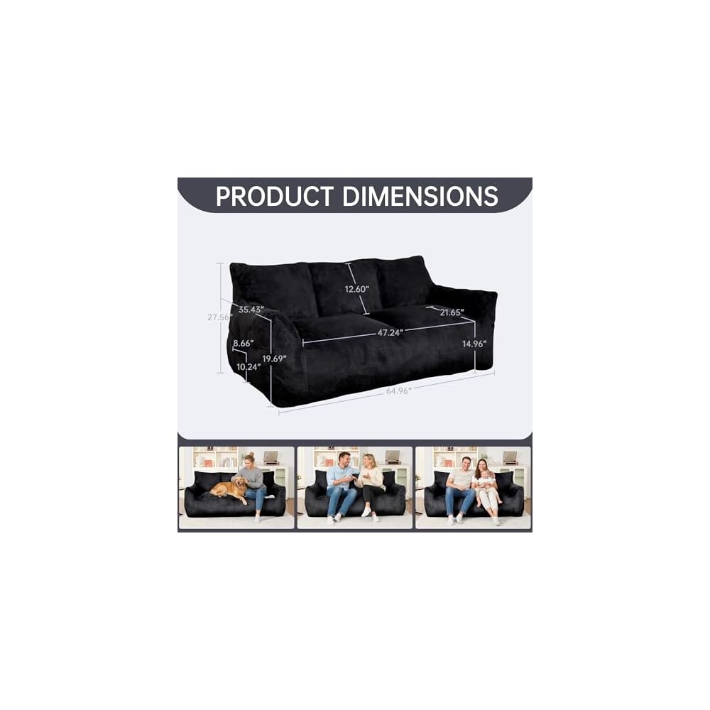 Faux Fur Loveseat Couch, Oversized Lounge Sofa for Adults, Fluffy Lazy Sofa with Soft Stuffed Filling, Big Comfy Couch, Boneless Couches for Living Room, Bedroom, Black