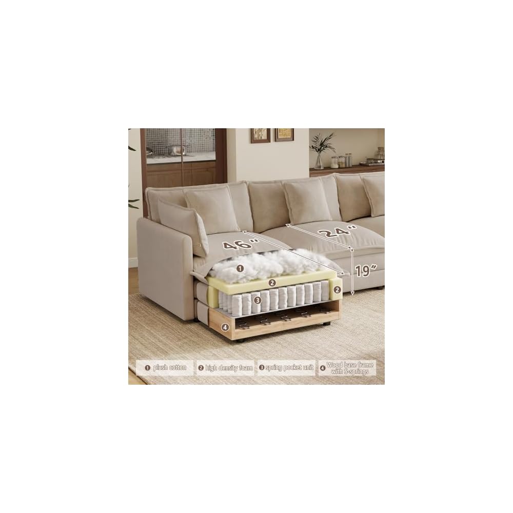 103.8" L-Shaped Modular Sectional Couch with Ottoman, Cloud Sofa
