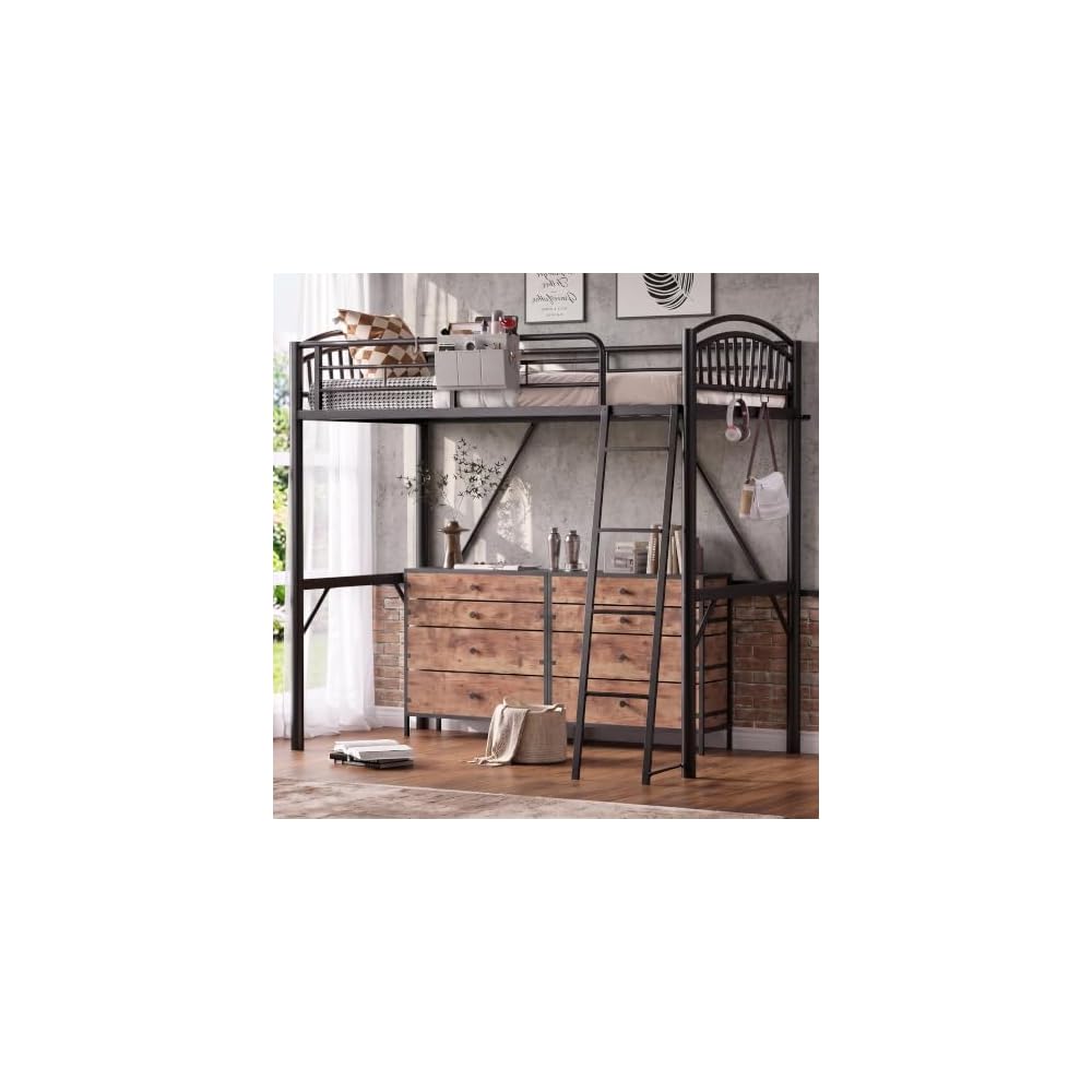 Metal Loft Bed Twin Size, Heavy Duty Loft Bed with Bedside Caddy, EVA Anti-Slip Ladder with Sturdy Guardrails, Space-Saving Twin Size Loft Bed for Teens & Adults for Bedroom Dorm (Black)