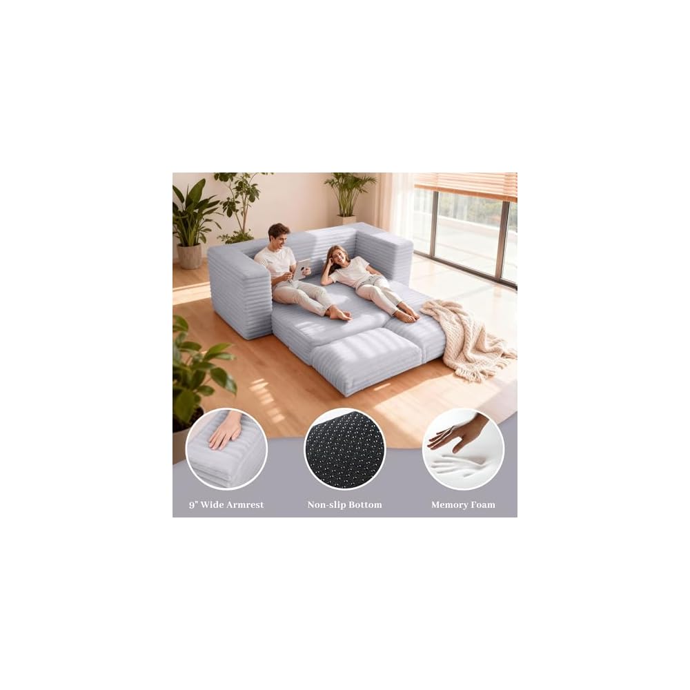 62" Boneless Couch,3-in-1 Convertible Folding Sofa Bed,Light Grey