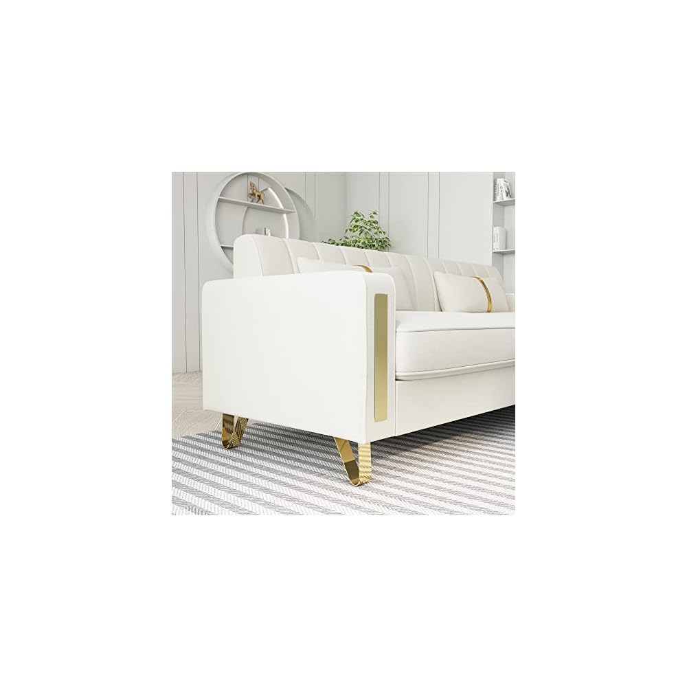 Modern Velvet Loveseat Sectional Sofa with Gold Legs, 86" Large, Beige, Upholstered Deep Seat Chaise for 3-4 Persons, Living Room, Office, Apartment