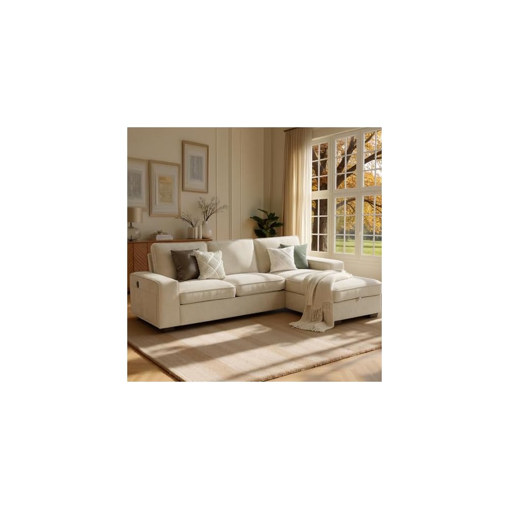 99 inch L-Shaped Couch with Chaise Storage, 3-Seat Sectional Sofa, Beige