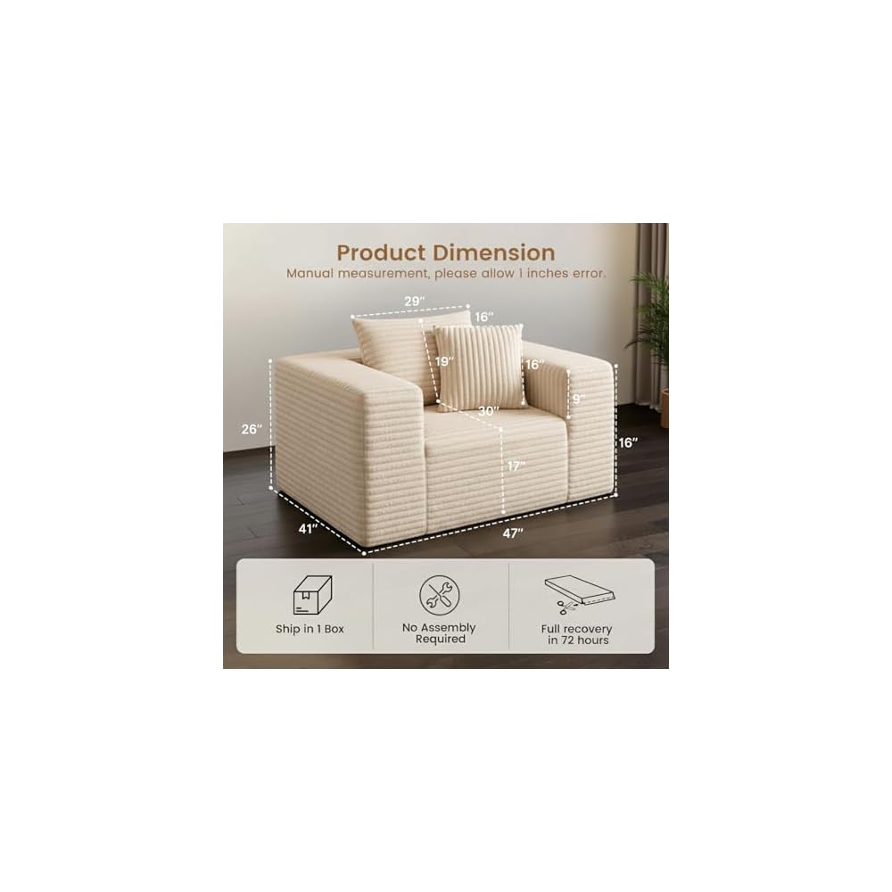 46.9" Corduroy Boneless Sofa, Couch in a Box with Memory Foam & Pocket Springs, No Assembly Cloud Couch for Bedroom, Apartment, Small Spaces, Beige
