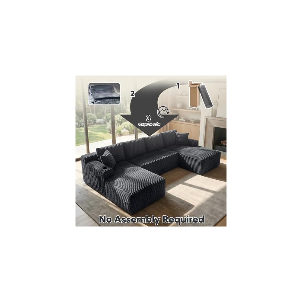 125" Modular Sectional Sofa Couch, U-Shaped Boneless Couch, Dark Grey