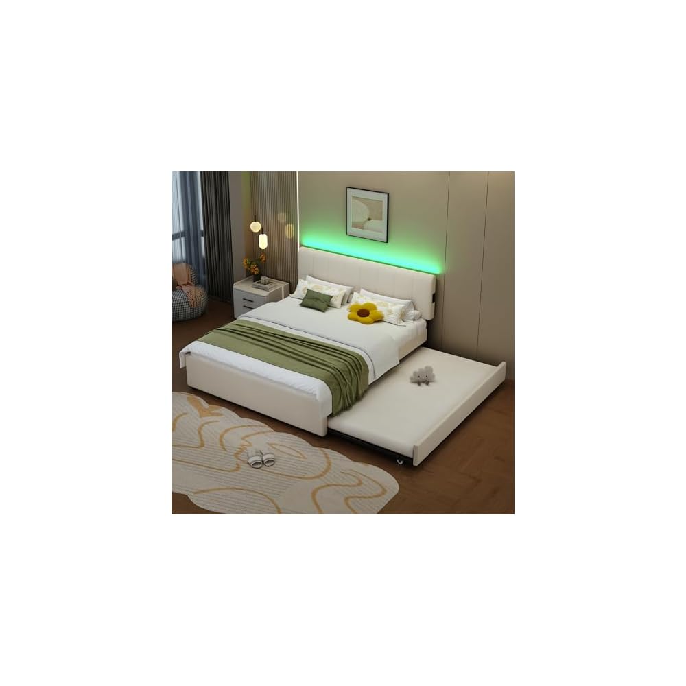 Queen Size Upholstered Platform Bed with Pull-Out Trundle Bed