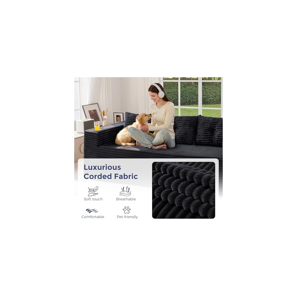 79" Oversized Boneless Loveseat Sofa Couch, 3-Seater Floor Loveseat for Small Space with Cup Holders, Corded Couch with Pillows, Floor Sofa for Apartment & Lounge, No Assembly Required, Black