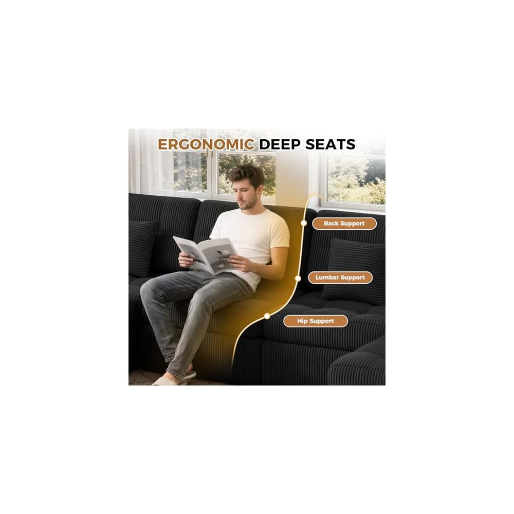 112" L Shaped Modern Cloud Boneless Couch, Black 1 PCS