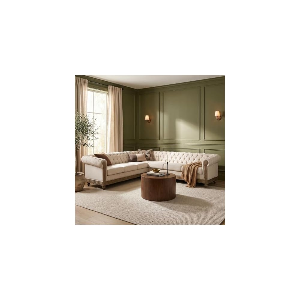Chesterfield Sofa, Retro Upholstered 6 Seater Rolled Arm Couch for Living Room Bedroom Office, Beige