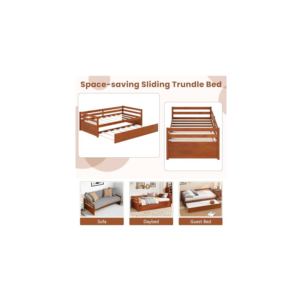 Twin Daybed with Trundle, Wood Trundle Bed with Wood Slat Support, Mid Century Day Bed Frame for Living Room Guest Room, No Box Spring Needed, Walnut