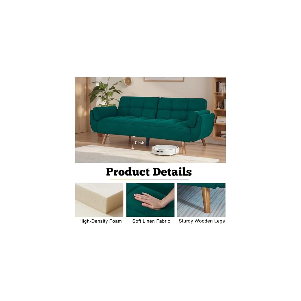 Convertible Futon Couch Bed, Sleeper Sofa Bed with Adjustable Backrests, Linen Futon Sofa 3 Seater Comfy Couch for Small Spaces, Living Room, Bedroom(Green, 75")