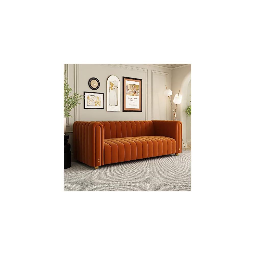 Mid Century Modern Couch Orange Velvet Couch Loveseat Sofa Curved Gold Vintage Boho Love Seat Retro Comfy Couches for Living Room 3 Seat Tufted Deep Sectional Minimalist Velvet Sofa Bedroom Apartment