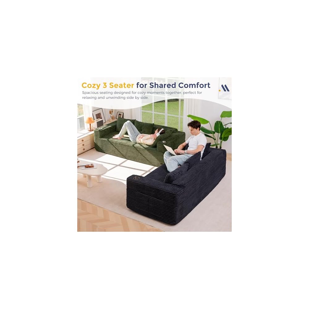 79" Oversized Boneless Loveseat Sofa Couch, 3-Seater Floor Loveseat for Small Space with Cup Holders, Corded Couch with Pillows, Floor Sofa for Apartment & Lounge, No Assembly Required, Black