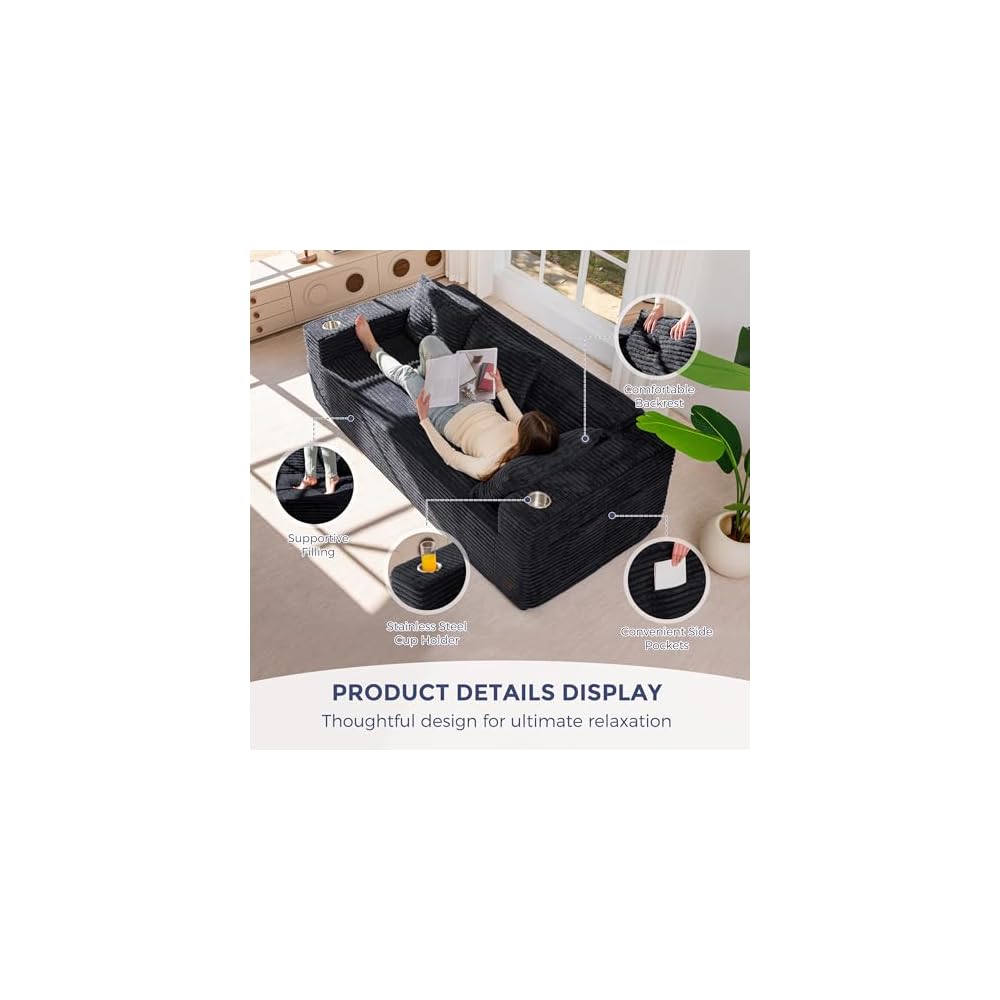 79" Oversized Boneless Loveseat Sofa Couch, 3-Seater Floor Loveseat for Small Space with Cup Holders, Corded Couch with Pillows, Floor Sofa for Apartment & Lounge, No Assembly Required, Black