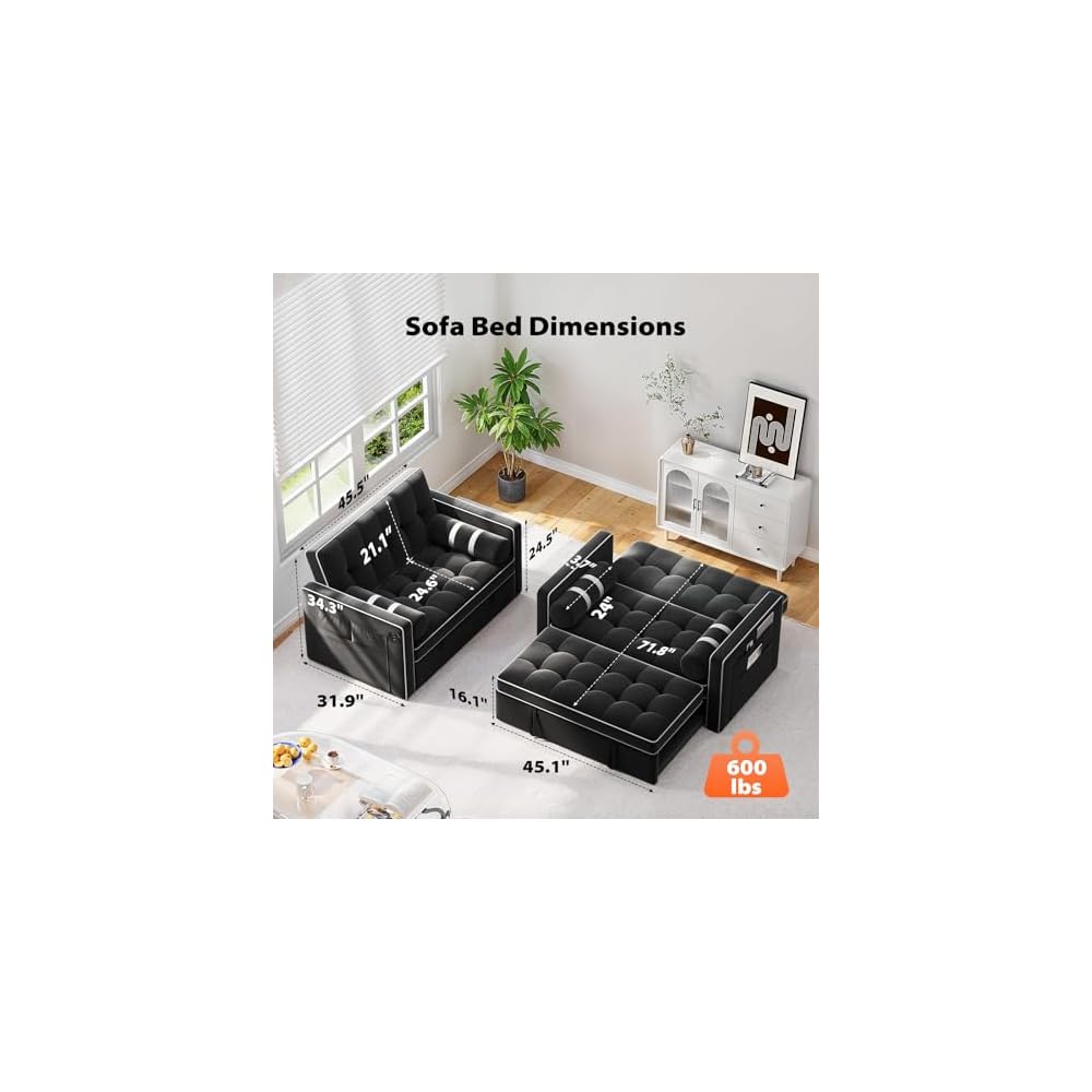 3 in 1 Sleeper Sofa Bed with Adjustable Backrest, Black Velvet