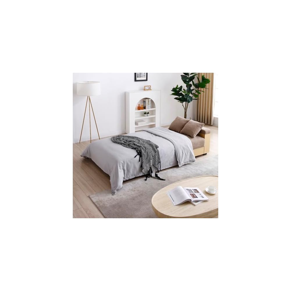 Convertible Sleeper Sofa Bed, Light Brown, With Storage and Cup Holders