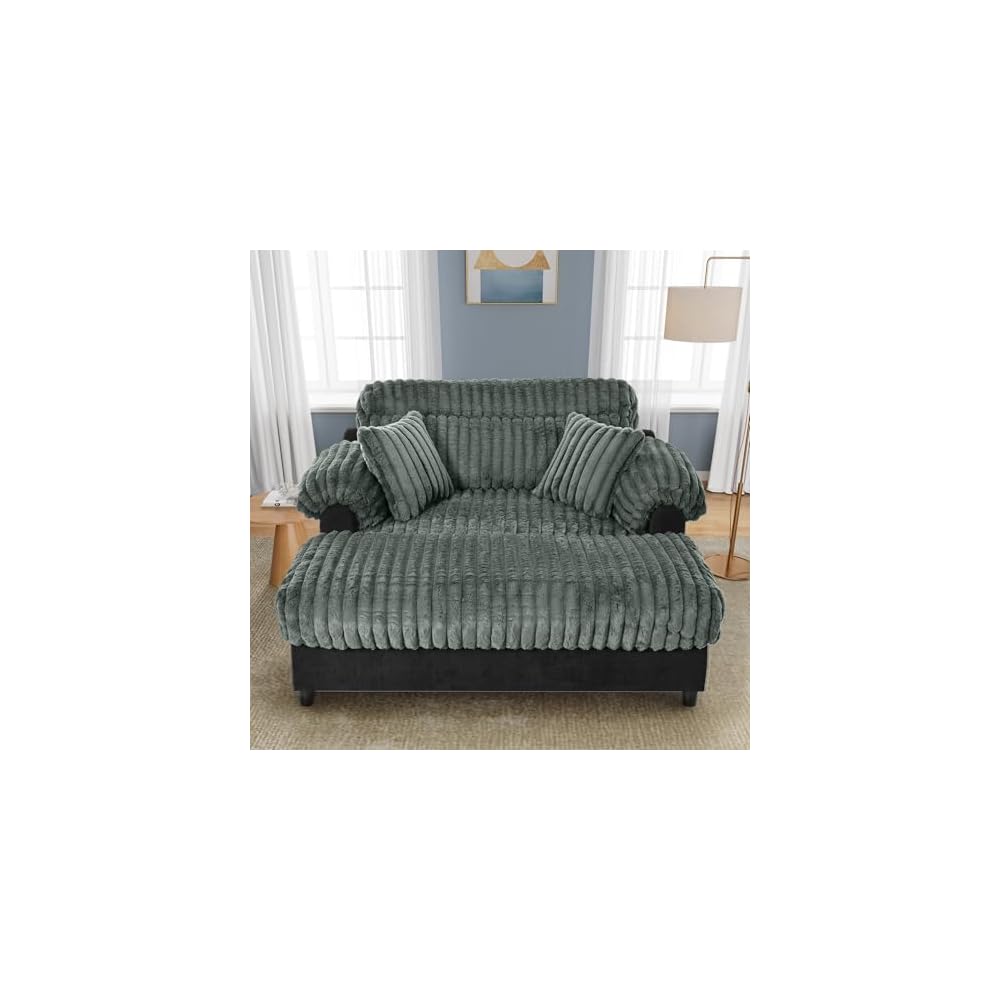 62" Modern Chaise Lounge Sofa, Cloud Chaise Sofa Cozy Plush Couch with Two Throw Pillows, Ergonomic Backrest & Curved Armrest Design for Living Room
