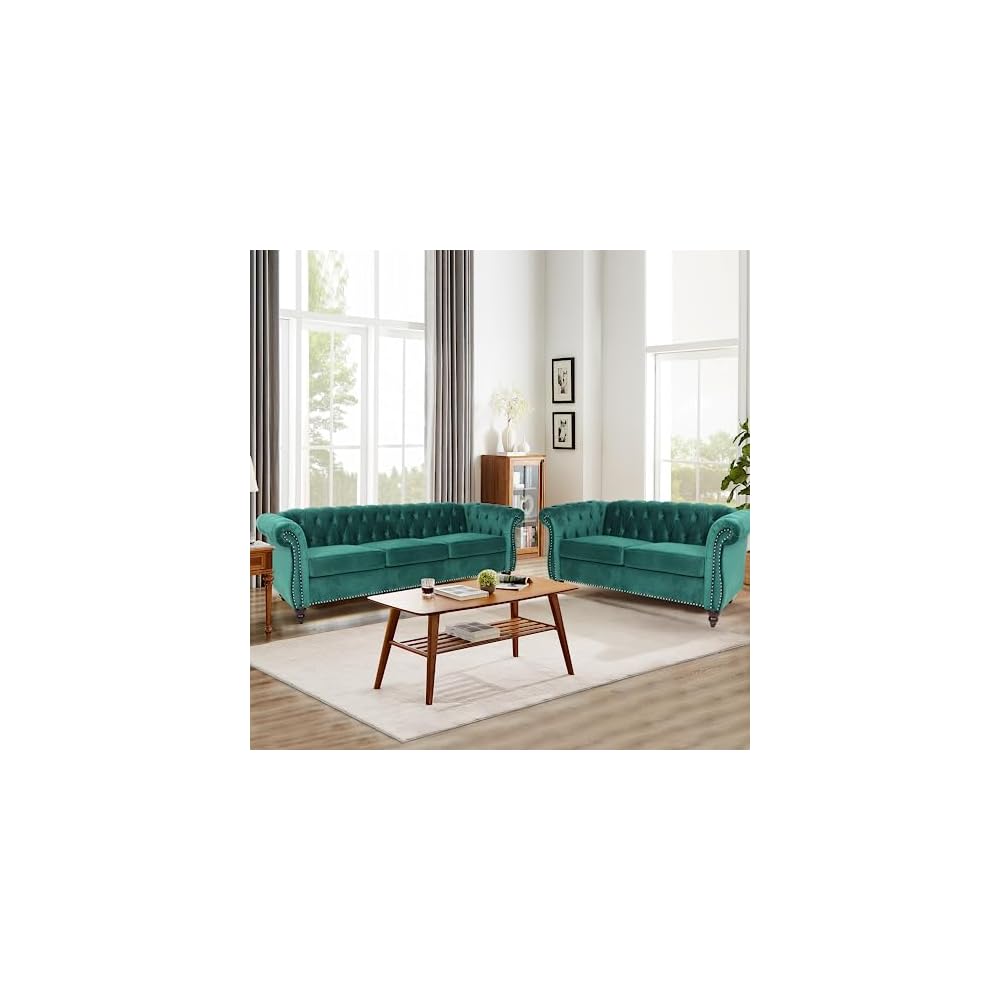 Home Sofa Living Room Furniture, 3 Seater 84" Velvet Upholstered Couch, Mid Century Modern Comfy Couch with Cushions, Classic Tufted Chesterfield Couches for Bedroom, Office, Apartment (Green)