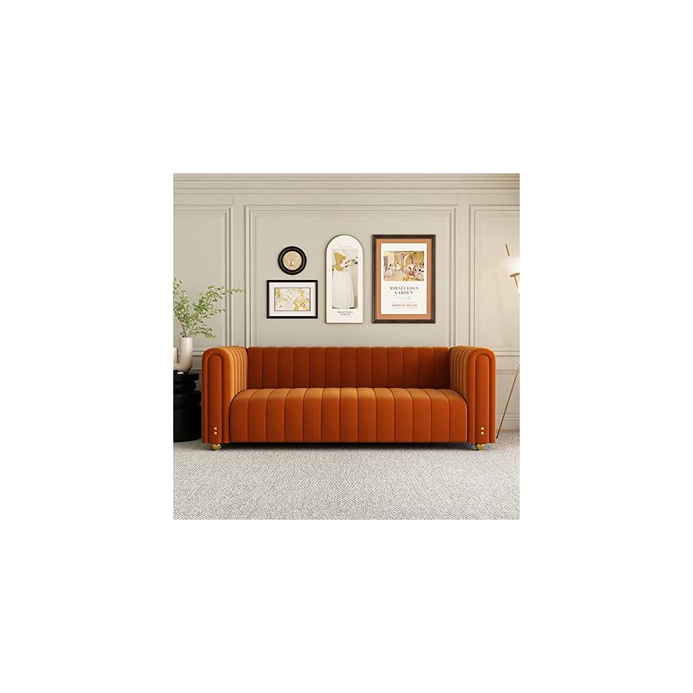 Mid Century Modern Couch Orange Velvet Couch Loveseat Sofa Curved Gold Vintage Boho Love Seat Retro Comfy Couches for Living Room 3 Seat Tufted Deep Sectional Minimalist Velvet Sofa Bedroom Apartment