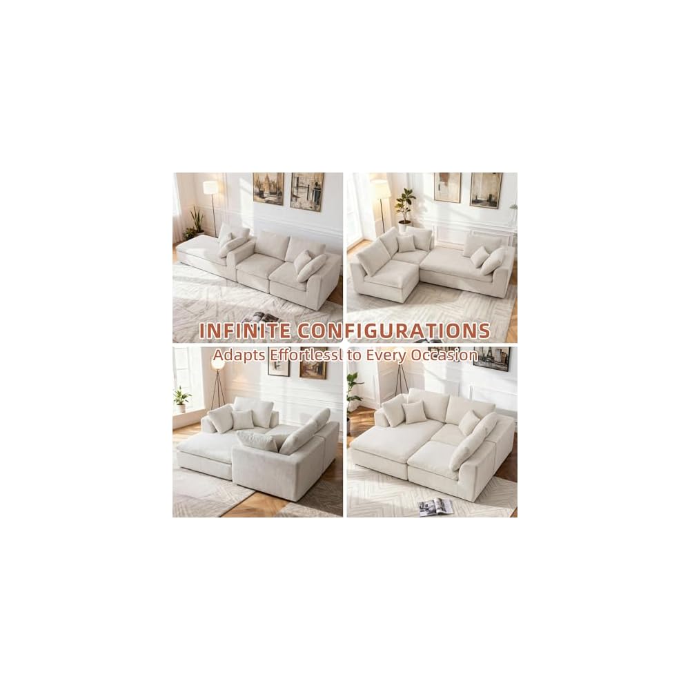 Boneless Sectional with Chaise, 110" L-Shaped Cloud Couch for Living Room, Deep Seat Chenille Floor Sofa, Frameless Modular Lounge Set (Beige, Left Facing Chaise)