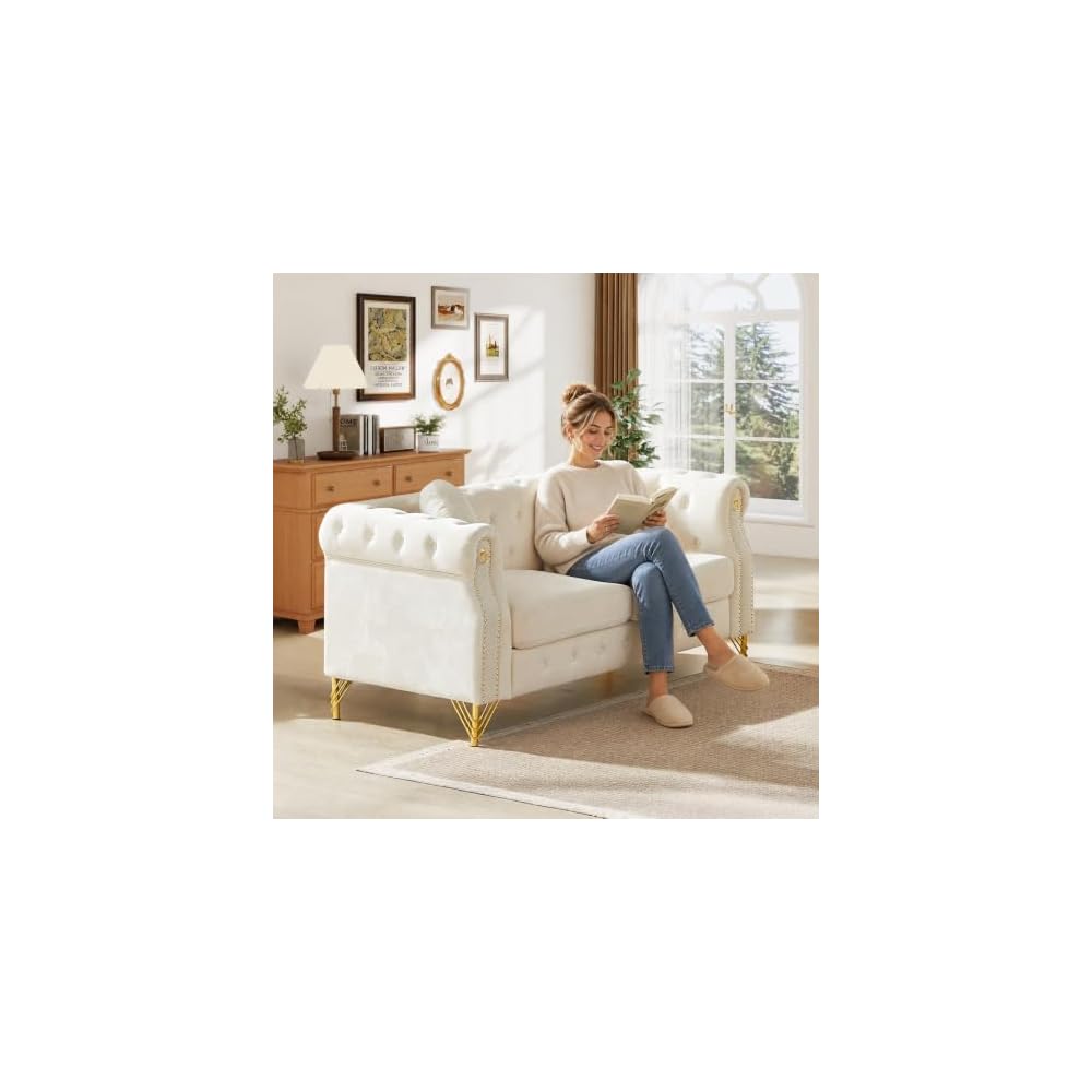Chesterfield Sofa Velvet, Loveseat Mid Century Modern Button Tufted Couch with Nailhead Trim & Gold Legs, Deep Seat Comfy Couch with Pillows for Living Room, Bedroom, Office, Apartment(60.5''W,Beige)