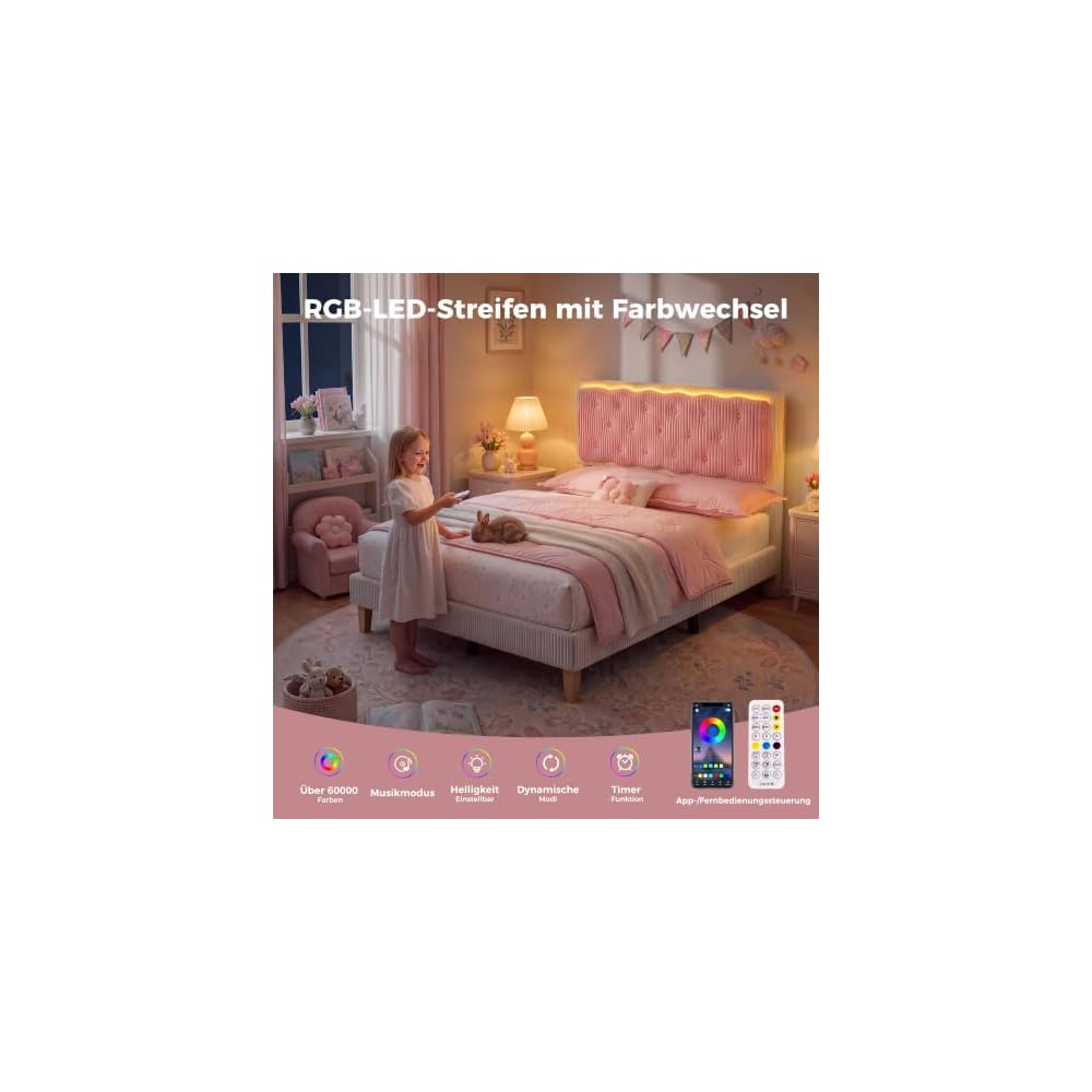 Bett 140x200cm, Kinderbett mit LED Beleuchtung und Lattenrost