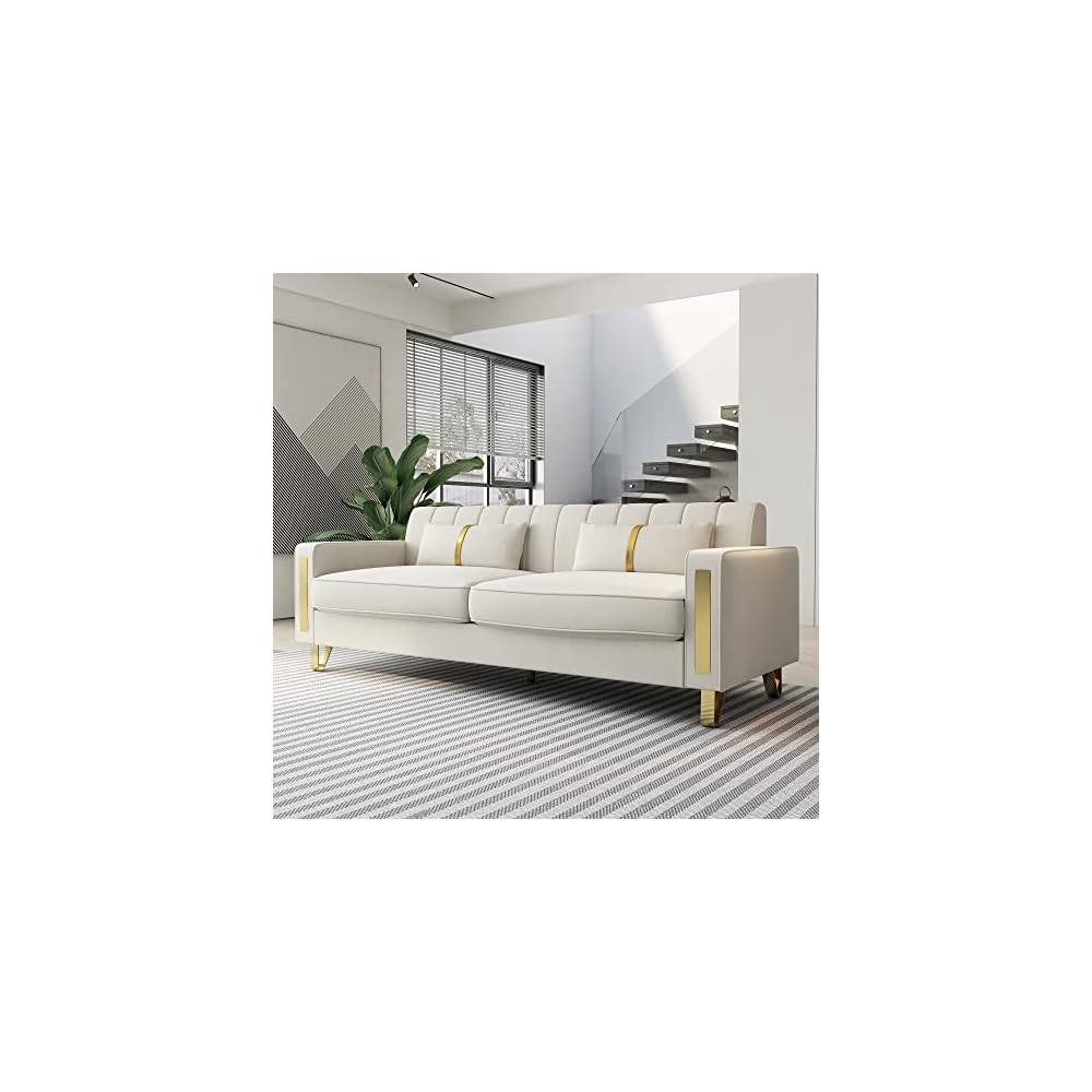 Modern Velvet Loveseat Sectional Sofa with Gold Legs, 86" Large, Beige, Upholstered Deep Seat Chaise for 3-4 Persons, Living Room, Office, Apartment