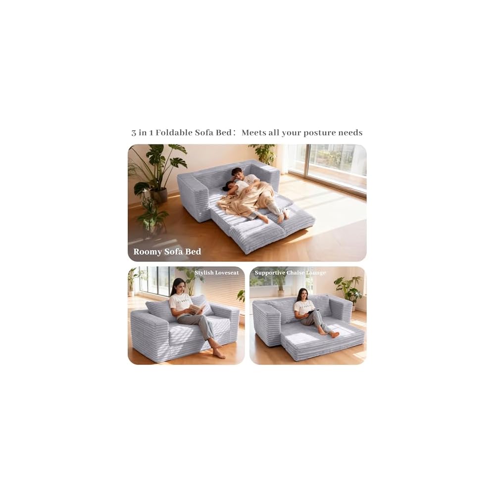 62" Boneless Couch,3-in-1 Convertible Folding Sofa Bed,Light Grey