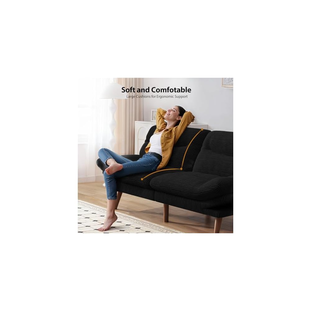 Futon Sofa Bed, Modern 66" Futon Couch Convertible to Bed & Lounger, Compact Size, Corduroy Loveseat, Durable Construction - Fits Small Spaces, Apartments,Study Room(Ink Black, 66 Inch)