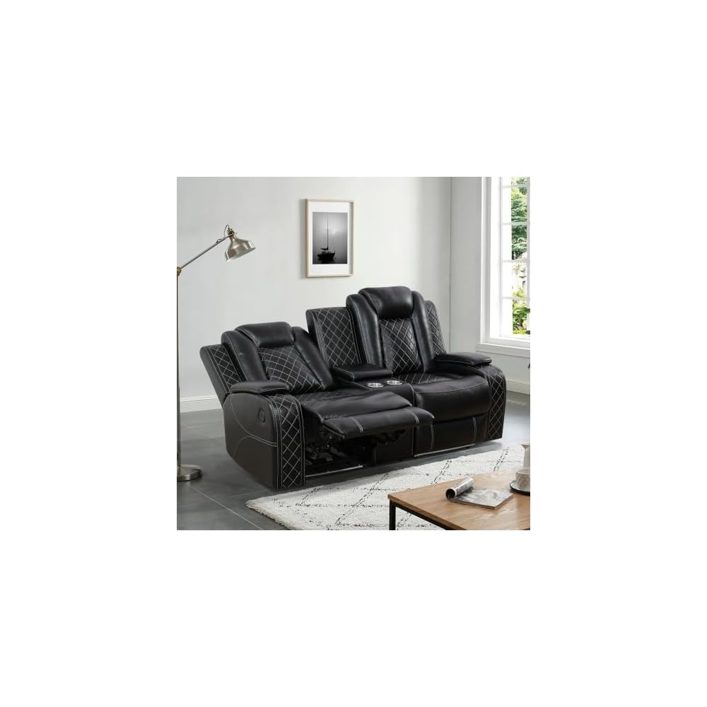 Breathable Leather Recliner Sofa,Power Recliner Chair with LED Lights & Double Reclining Loveseat for Living Room Home Theater, Black