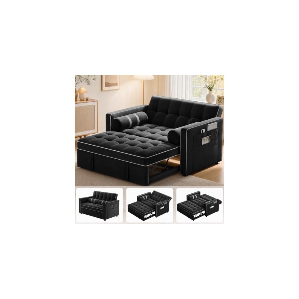 3 in 1 Sleeper Sofa Bed with Adjustable Backrest, Black Velvet