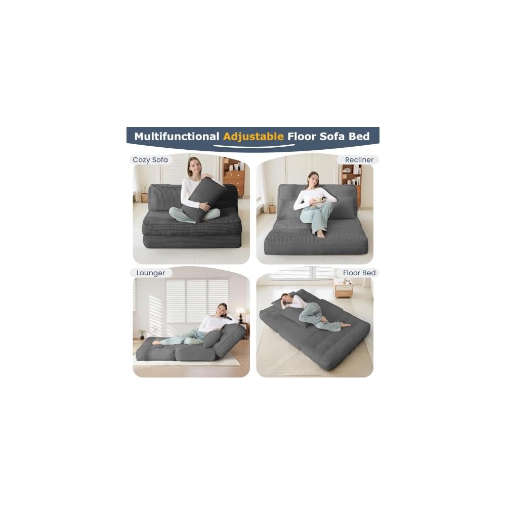 Convertible Boneless Sofa Bed with Fixed Frame,Boneless Loveseat Sleeper with 5-Position Adjustable Backrest & Thickened Cushion,Futon Couch with 2 Pillows for Bedroom,Small Spaces,Grey