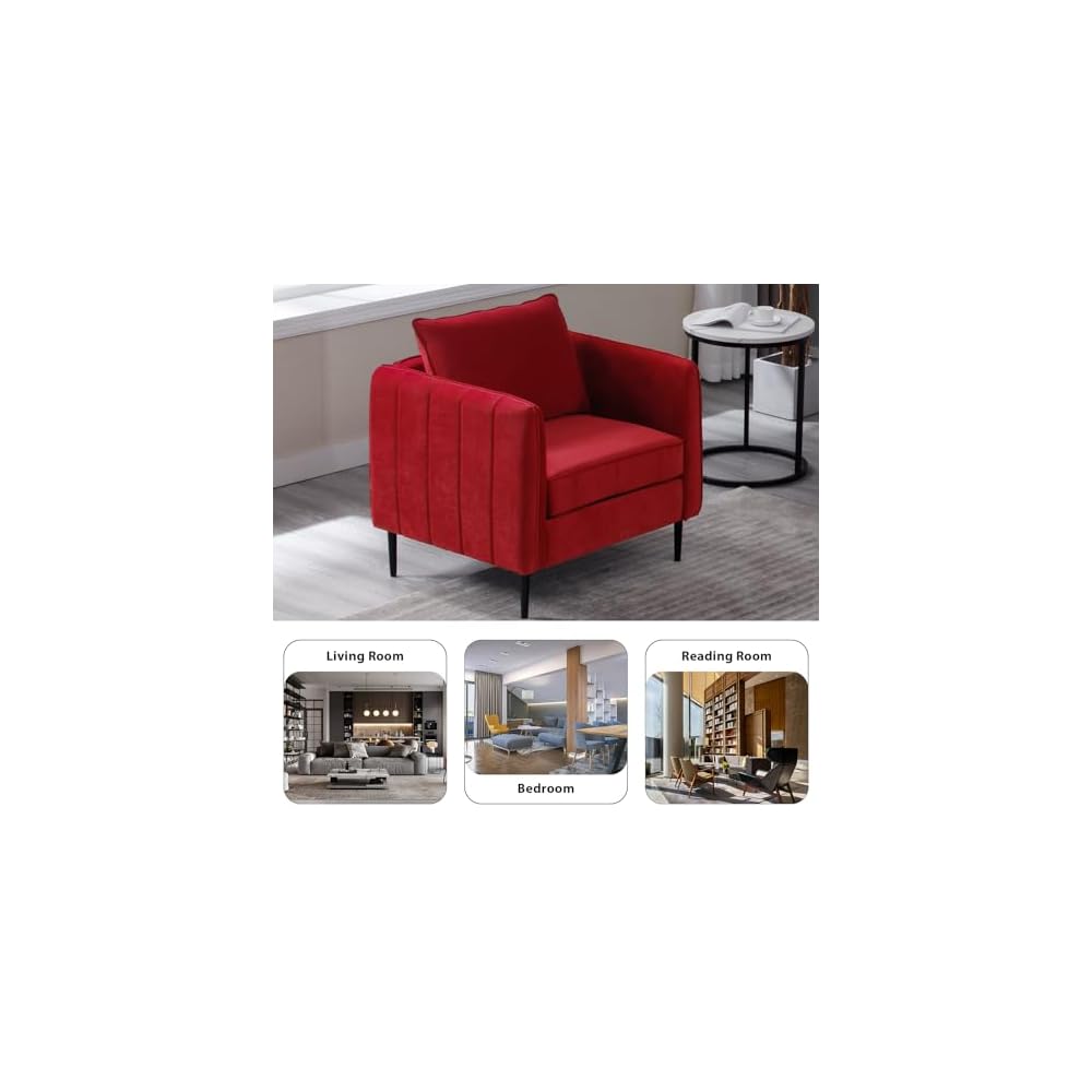 Modern Velvet Accent Chair, Single Sofa Chairs Armchair with Square Arm, Upholstered Accent Chairs for Living Room, Bedroom, Apartment (Burgundy Chair)