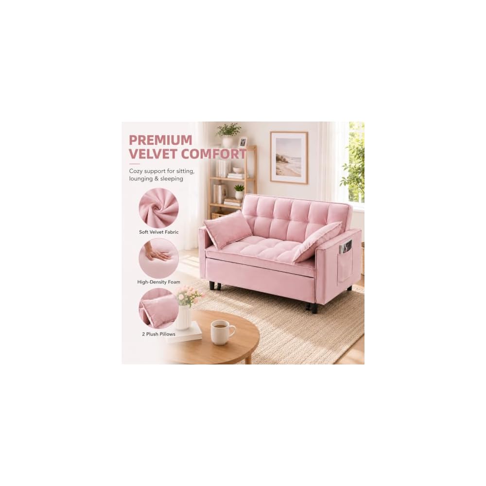 3 In 1 Velvet Convertible Sofa Bed, Pull Out Couch Bed with Reclining Backrest And 2 Pillows, 54" Full Size Loveseat Sleeper Sofa Futon Couch Bed, Couches For Small Spaces, Living Room (Pink)