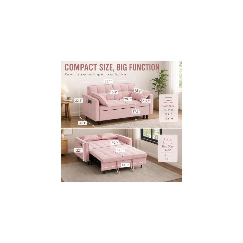 3 In 1 Velvet Convertible Sofa Bed, Pull Out Couch Bed with Reclining Backrest And 2 Pillows, 54" Full Size Loveseat Sleeper Sofa Futon Couch Bed, Couches For Small Spaces, Living Room (Pink)