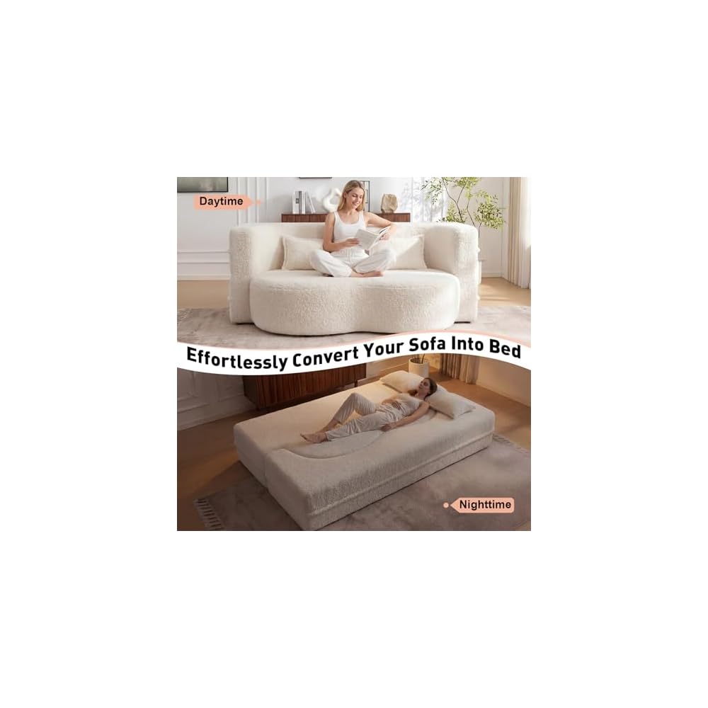 78" Convertible Folding Sofa Bed, Full Size Floor Sleeper Sofa with 2 Pillows, Foam Futon Loveseat Couch for Living Room Apartment Office, Boneless Couch No Assembly Required, (Teddy, Beige/White)