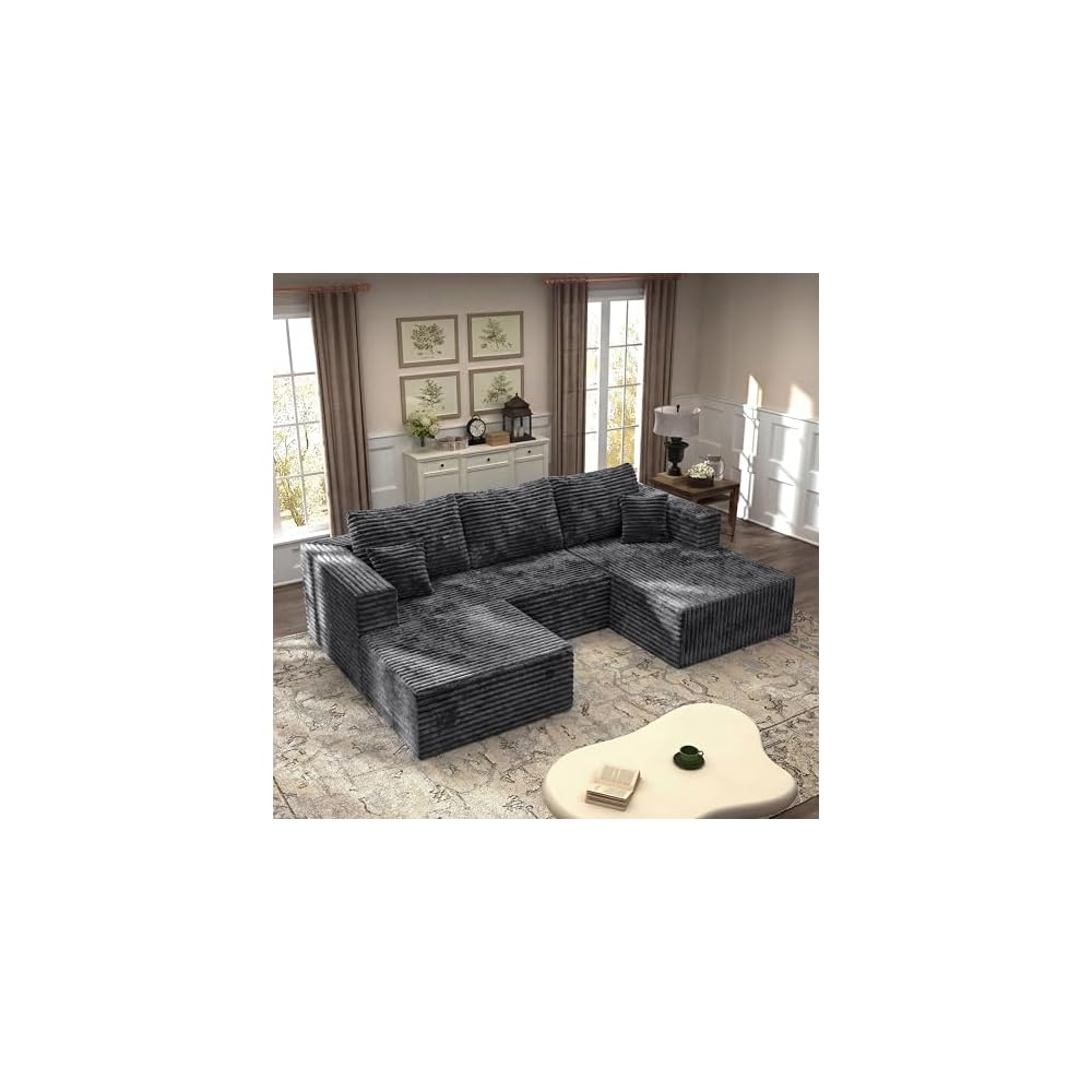 92.5'' U-Shaped Cloud Modular Sectional Sofa, Modern High Back Corduroy Couch with Right Facing Chaise Lounge & Ottoman, Upholstered Boneless Deep Seat Plush Sofa, No Assembly Needed, for Home, Grey