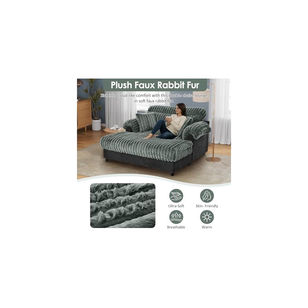 62" Modern Chaise Lounge Sofa, Cloud Chaise Sofa Cozy Plush Couch with Two Throw Pillows, Ergonomic Backrest & Curved Armrest Design for Living Room