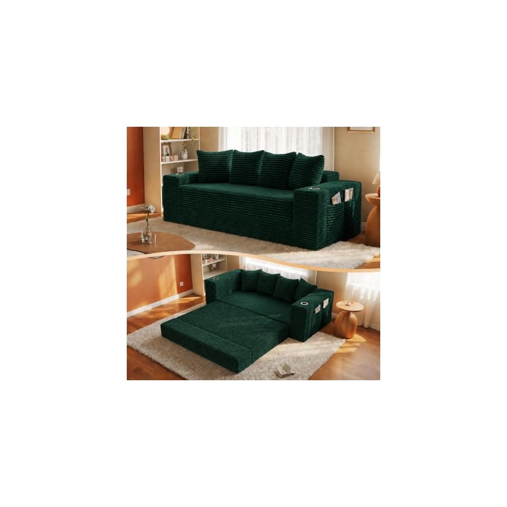 77 Inch Convertible Boneless Sleeper Sofa Bed, Modular Foldable Floor Couch, Corduroy Fabric, Memory Foam Comfy Loveseat for Living Room with Cup Holders & Pocket, Assembly Free, Green