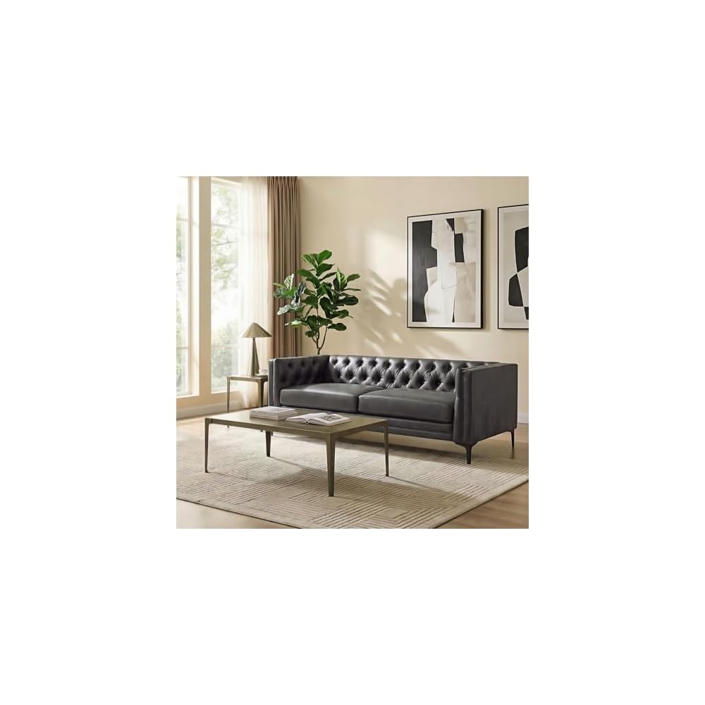 84" Faux Leather Sofa, Modern Upholstered 3 Seater Sofa with Metal Legs, Mid Century Modern Couches for Living Room, Entertainment Area, Apartment