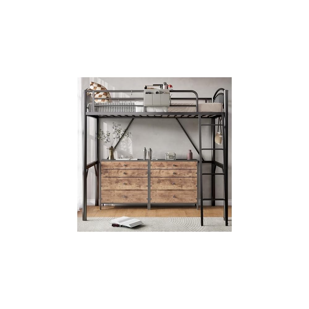 Metal Loft Bed Twin Size, Heavy Duty Loft Bed with Bedside Caddy, EVA Anti-Slip Ladder with Sturdy Guardrails, Space-Saving Twin Size Loft Bed for Teens & Adults for Bedroom Dorm (Black)
