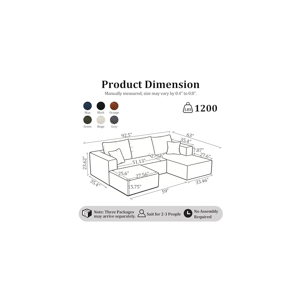 92.5'' U-Shaped Cloud Modular Sectional Sofa, Modern High Back Corduroy Couch with Right Facing Chaise Lounge & Ottoman, Upholstered Boneless Deep Seat Plush Sofa, No Assembly Needed, for Home, Grey