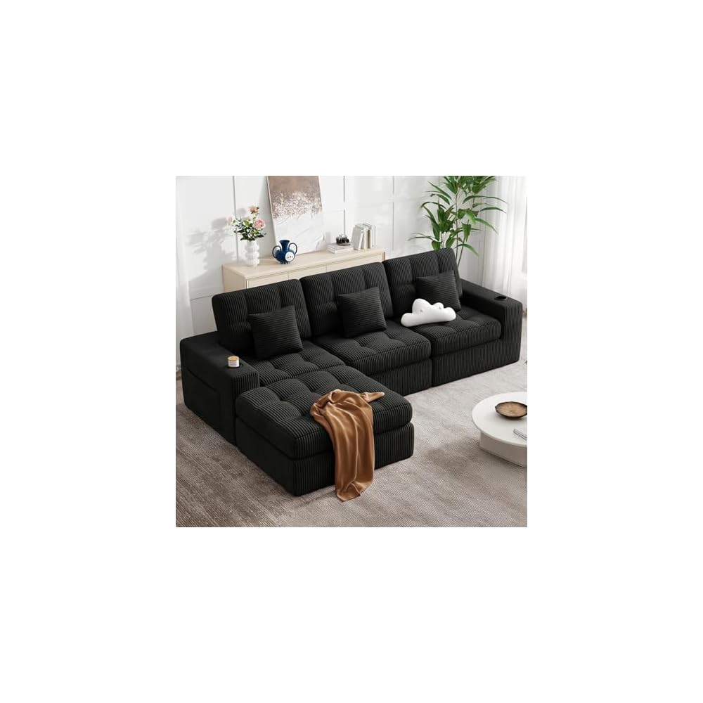112" L Shaped Modern Cloud Boneless Couch, Black 1 PCS