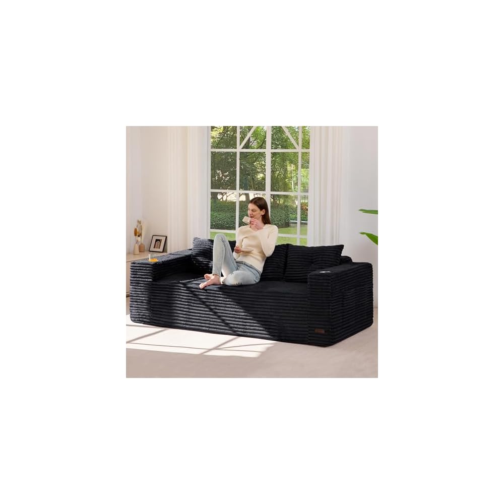 79" Oversized Boneless Loveseat Sofa Couch, 3-Seater Floor Loveseat for Small Space with Cup Holders, Corded Couch with Pillows, Floor Sofa for Apartment & Lounge, No Assembly Required, Black