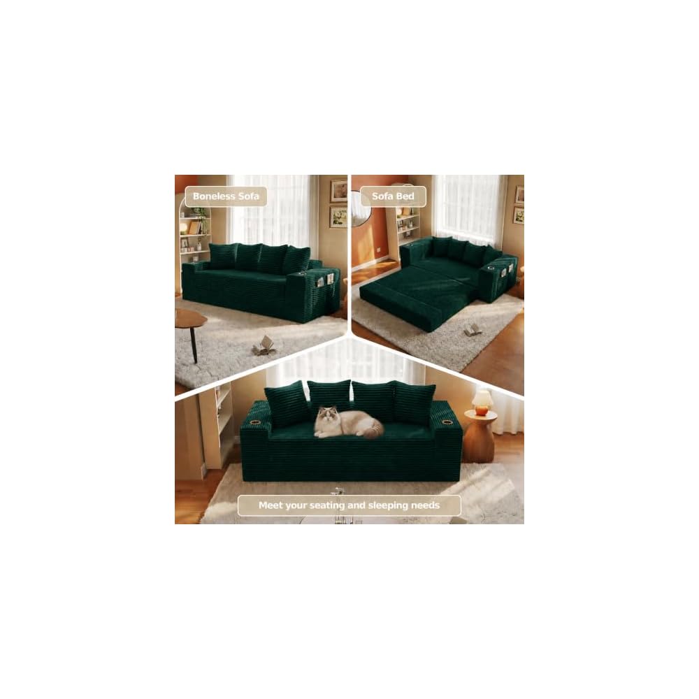 77 Inch Convertible Boneless Sleeper Sofa Bed, Modular Foldable Floor Couch, Corduroy Fabric, Memory Foam Comfy Loveseat for Living Room with Cup Holders & Pocket, Assembly Free, Green