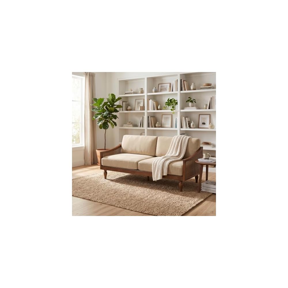 Harper Mid-Century Loveseat Sofa Couch, 2-Seater Lounge Sofa with Rattan Armrests and Wooden Legs, Chenille Upholstered Couches for Living Room, Walnut + Light Brown